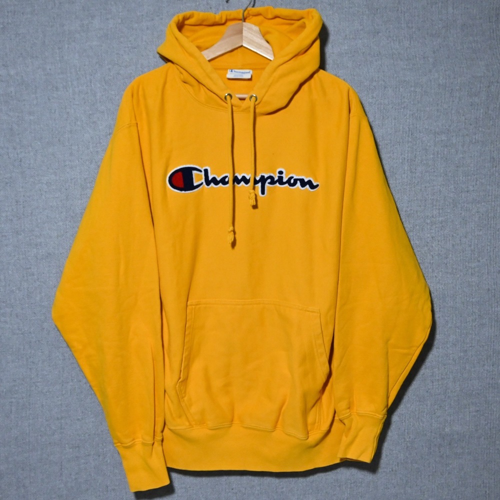 Champion Reverse Weave Hoodie Mens Embroidered Logo Large Yellow
